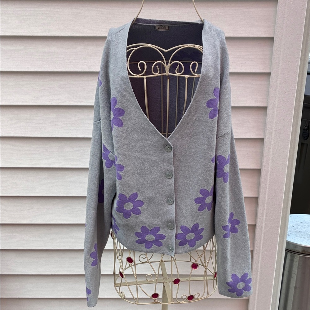 Collection Pimkie Gray and Purple Floral Women's Sweater